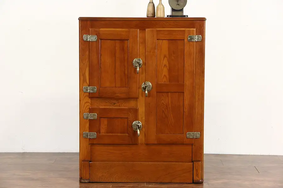 Main image of Oak Ice Box, 1900 Antique Refrigerator, Original Brass Hardware