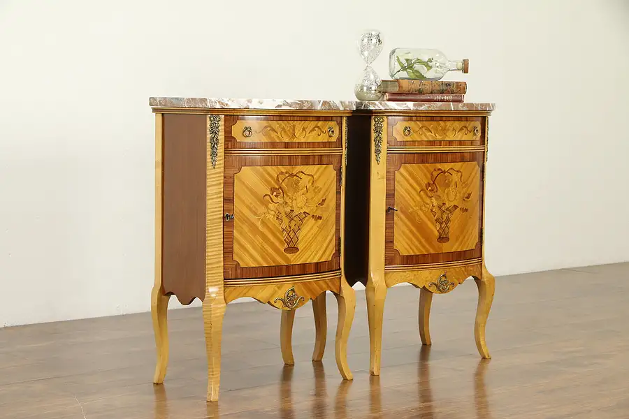 Main image of Pair of Rosewood Marquetry Nightstands or Lamp Tables, Marble Tops