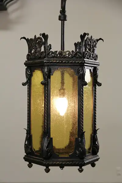 Main image of Cast Iron 1910 Antique Hall Lantern, Stained Glass