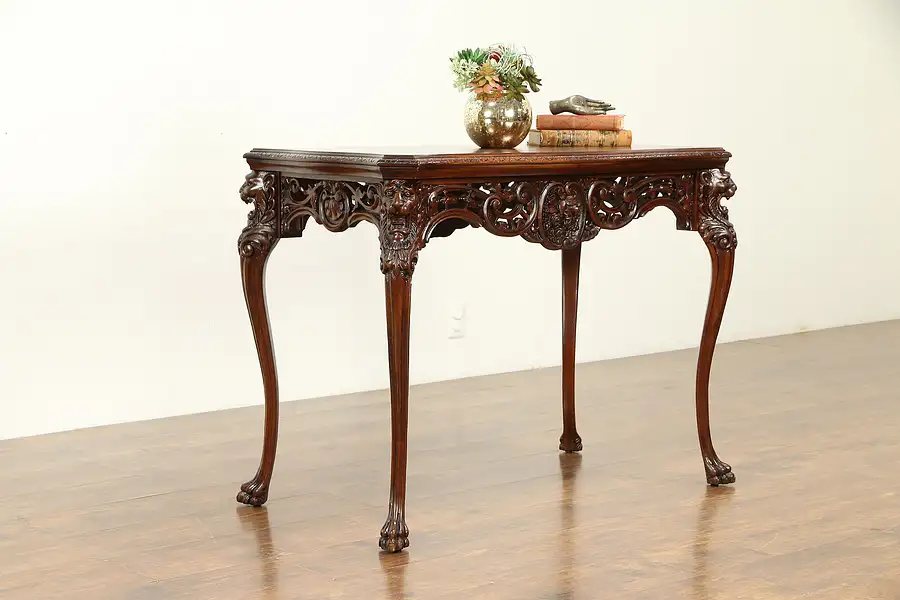 Main image of Sofa or Antique Mahogany Hall Console Table, Carved Lion Heads & Paws