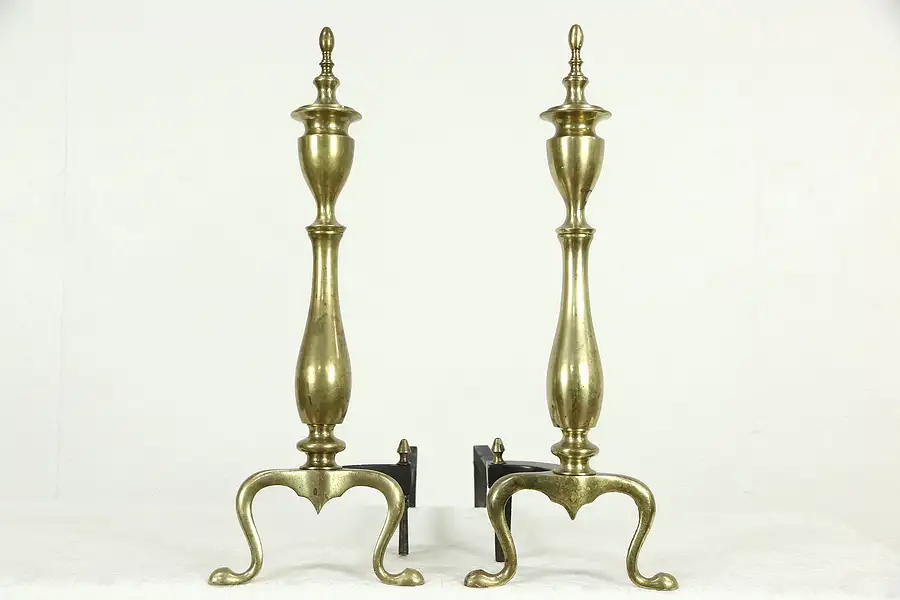 Main image of Pair of Traditional Brass Fireplace Andirons, Iron Log Rests