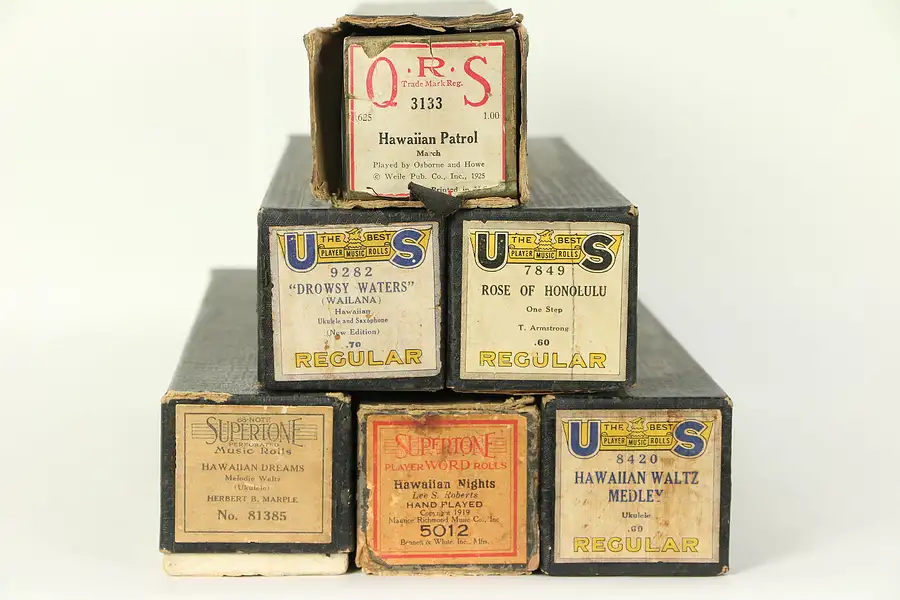 Main image of Group of 6 Antique Player Piano Rolls, Hawaii Songs