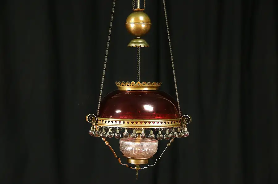 Main image of Victorian 1880 Antique Hanging Light Kerosene Lamp, Cranberry Shade, Ball Prisms