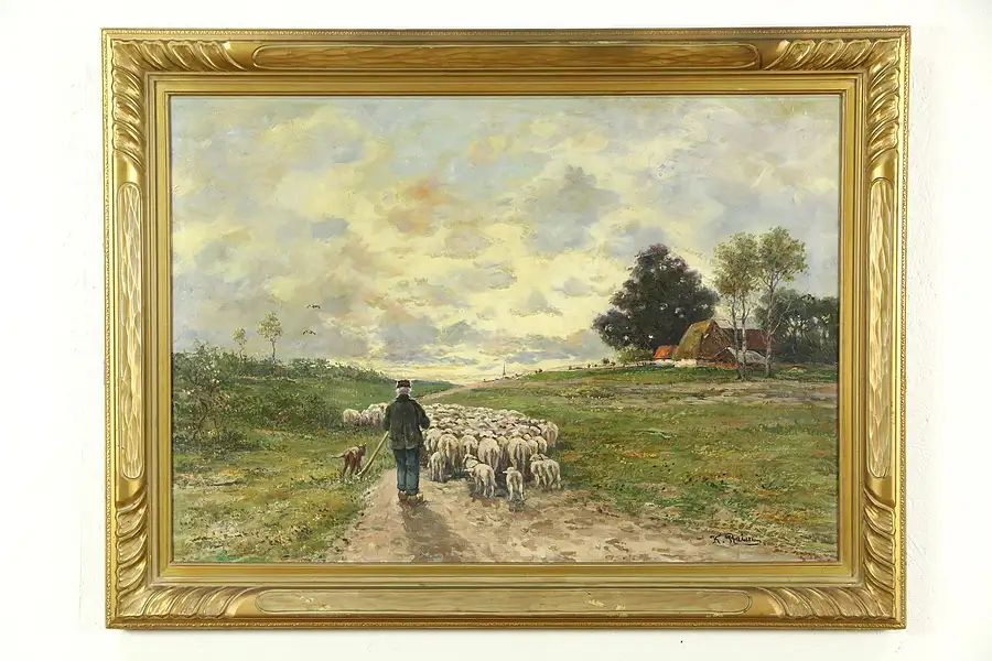 Main image of Return of the Flock, Dutch Antique 1900 Original Oil Painting, Signed Ratin