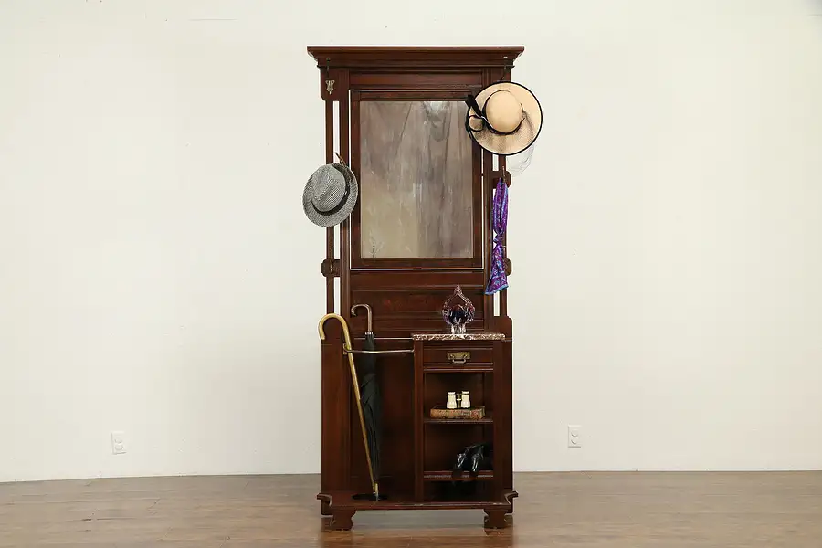 Main image of Victorian Antique Walnut Hall Hat & Umbrella Stand, Mirror & Marble