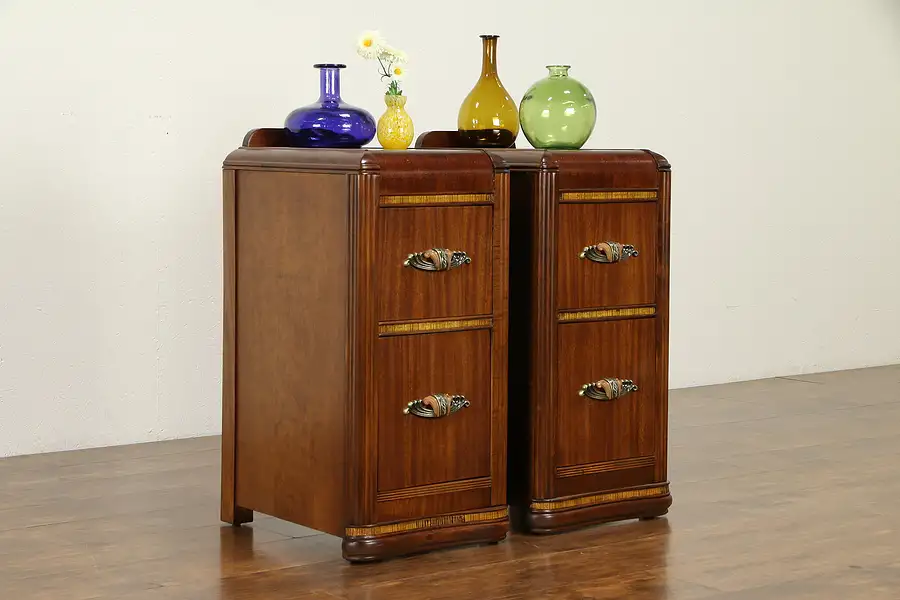 Main image of Pair Art Deco Vintage Nightstands, Bakelite Pulls