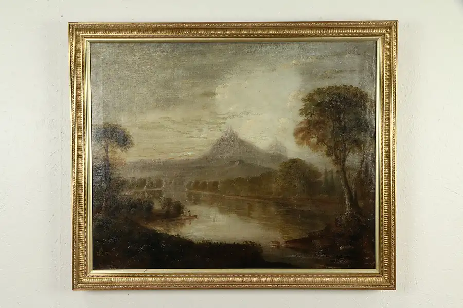 Main image of Mountain Scene at Twilight with Canoe, Antique Original Oil Painting