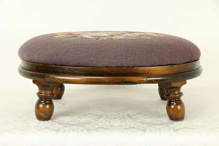 Main image of Oval Antique Footstool, Hand Stitched Needlepoint Upholstery