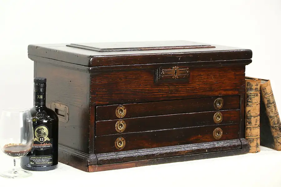 Main image of Oak 1890 Antique 3 Drawer Machinist Tool Box, Collector or Jewelry Chest