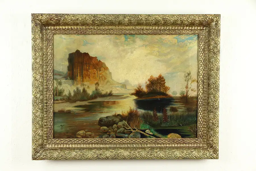 Main image of Riverbank with Cliffs in Fall, Original Antique 1890 Oil Painting