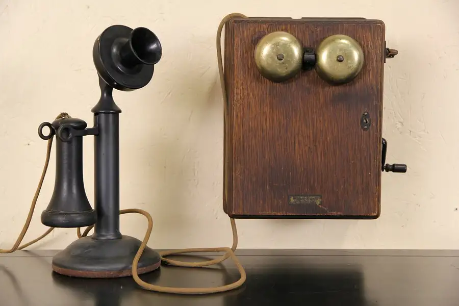 Main image of Western Electric Antique 1915 Candlestick Telephone & Oak Generator