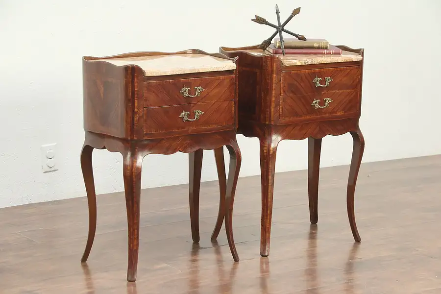 Main image of Pair of Antique End Tables or Nightstands, Banding, Marble Tops, Italy