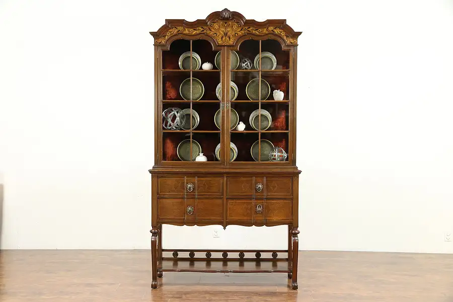 Main image of English Carved Oak Marquetry Antique China Curio Display Cabinet