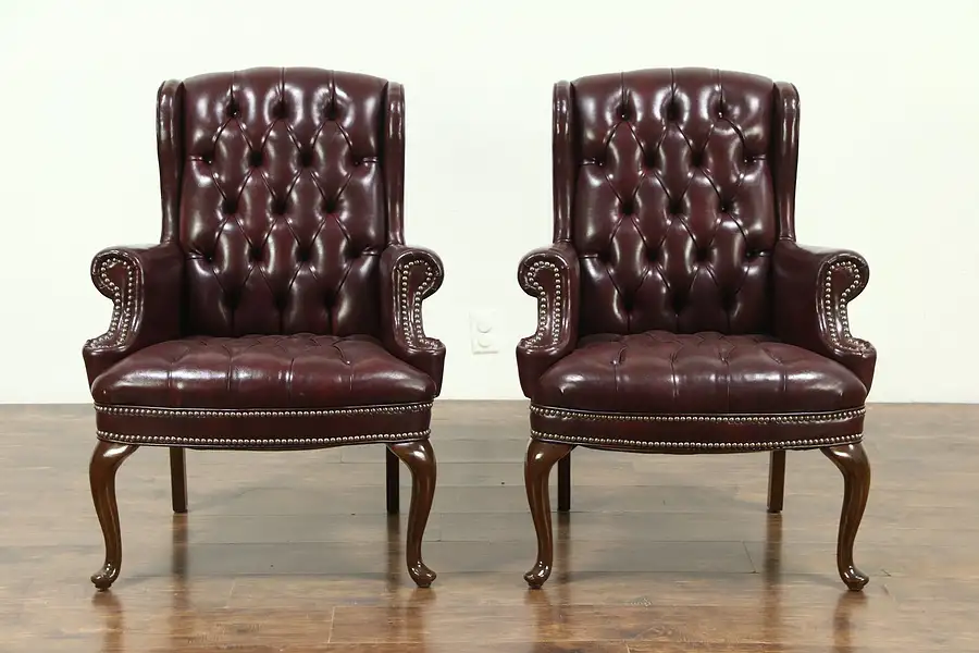 Main image of Traditional Pair of Tufted Faux Leather Vintage Wing Chairs, signed Kentco