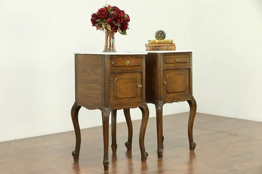 Main image of Pair Country French Antique Oak Nightstands or End Tables, Marble Tops