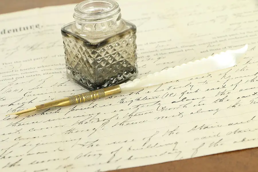 Main image of Victorian Antique Ink Pen, Mother of Pearl Feather & Gold Plate