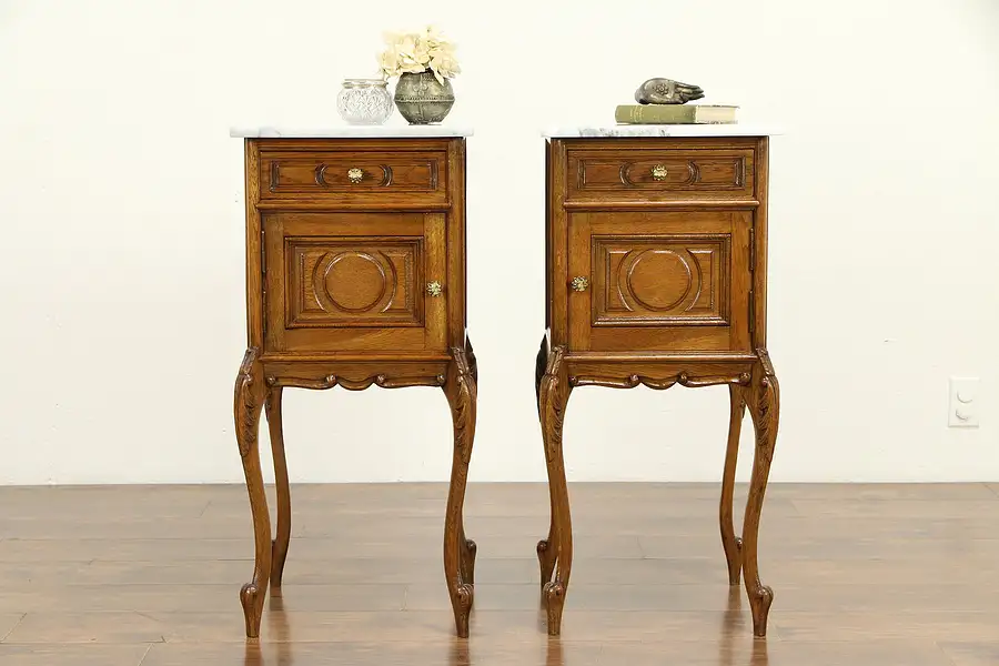 Main image of Pair of Country French Antique Carved Oak Nightstands, Marble Tops