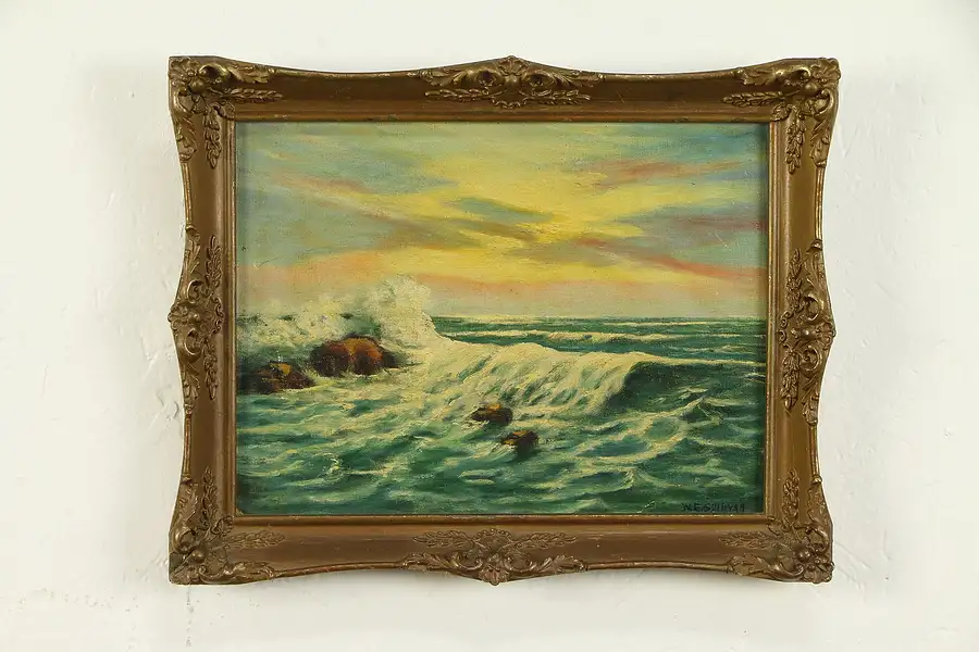 Main image of Victorian Antique Crashing Waves at Sunset Painting, Sullivan