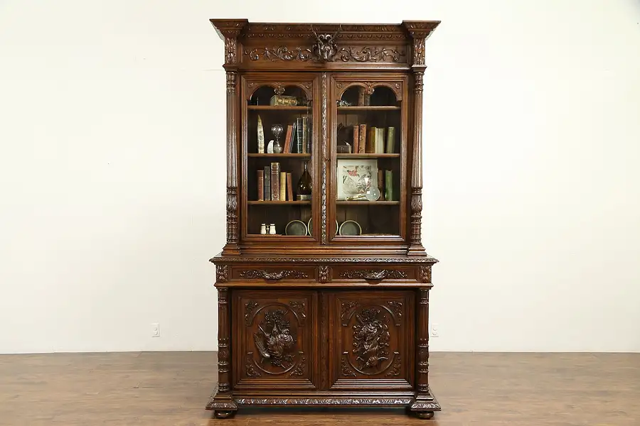 Main image of Black Forest Antique Oak Bookcase or China Cabinet, Grapevines & Game