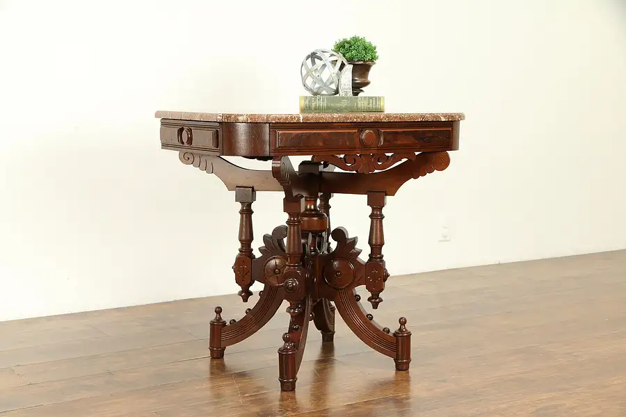 Main image of Victorian Eastlake Antique Walnut Hall, Parlor or Lamp Table, Marble Top