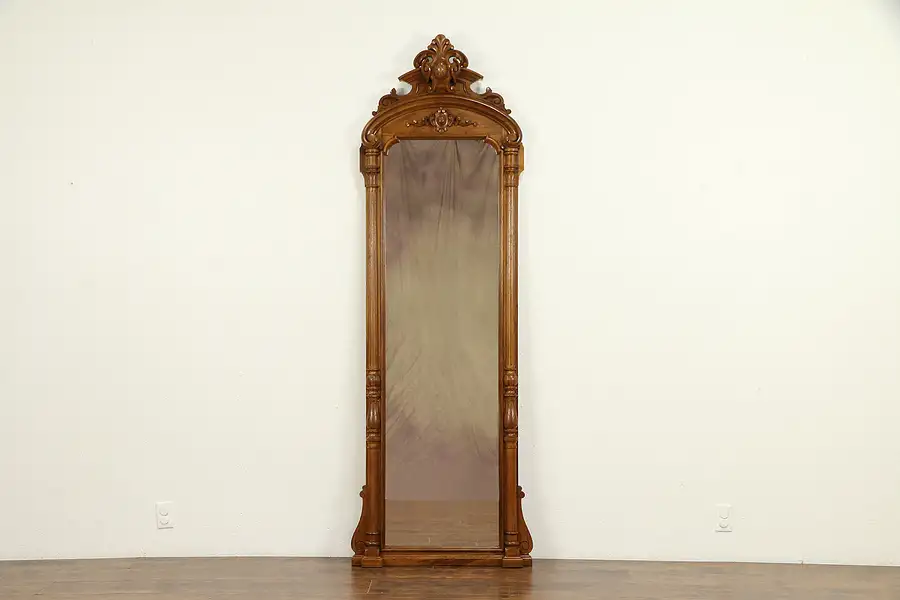 Main image of Victorian Antique 1860 Hand Carved Walnut Hall or Pier Mirror