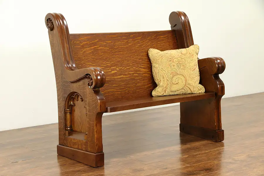 Main image of Victorian Oak Antique 4' Pew or Hall Bench, Gothic Carving