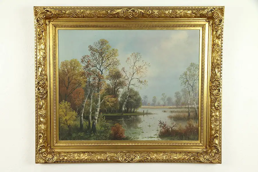 Main image of Fall Scene with Pond Original Antique Oil Painting, Signed Bandes