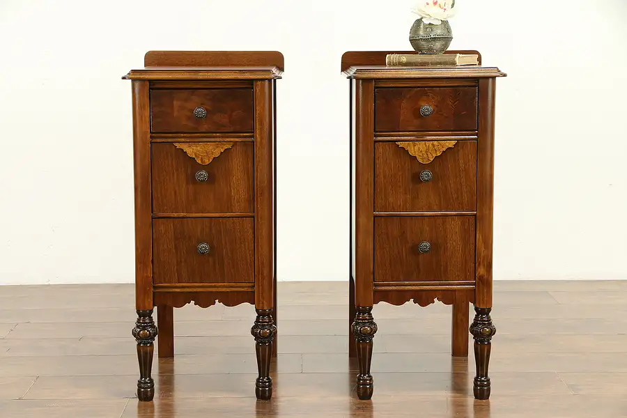 Main image of Pair Antique Nightstands, Walnut & Curly Birdseye Maple