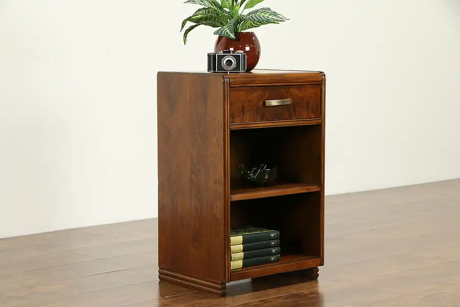 Main image of Art Deco 1930's Vintage Walnut & Burl Nightstand