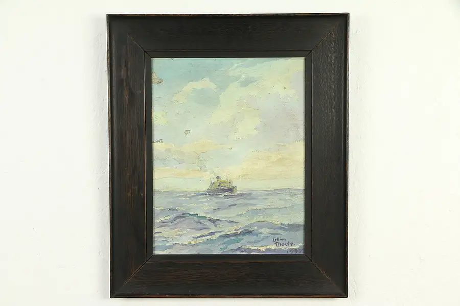 Main image of Ship at Sea, Original Oil Painting, Lillian Thoele 1937, Oak Frame