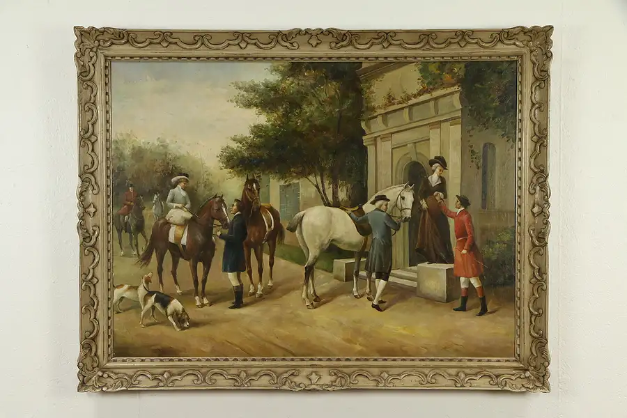 Main image of English Country House Courtyard Scene, Antique Original Oil Painting