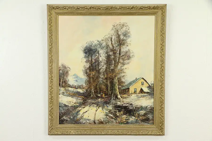 Main image of Farmhouse in Winter with Mountains, Vintage Original Oil Painting, Weiss