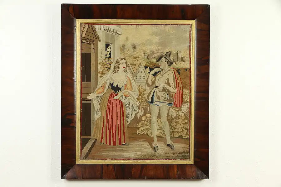 Main image of Renaissance Scene Antique Needlepoint Tapestry, Rosewood Frame