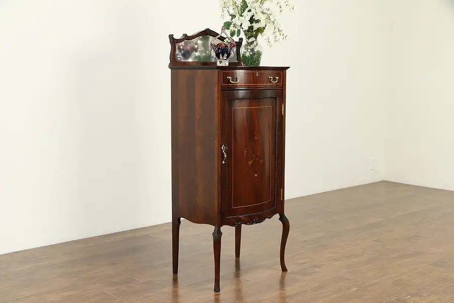 Main image of Music Cabinet, Antique Mahogany with Mirror, Pearl Marquetry