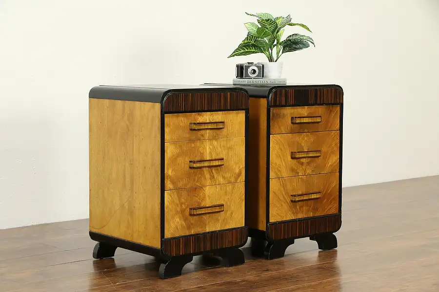 Main image of Pair of Art Deco Vintage Nightstands or End Tables, Macassar Ebony & Elm