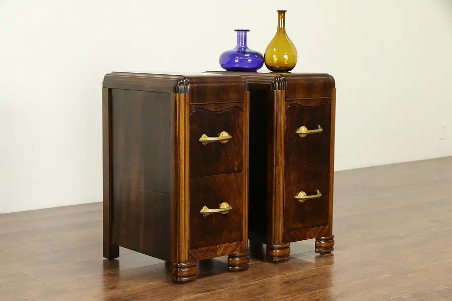 Main image of Pair of Art Deco Waterfall 1930's Vintage Nightstands, Bakelite Pulls