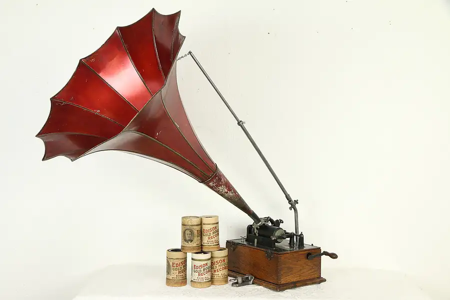 Main image of Edison Antique Oak Phonograph Cylinder Record Player, Morning Glory Horn