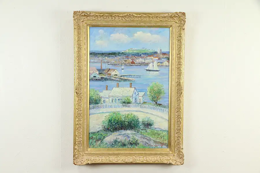 Main image of Harbor in France, Original Oil Painting, Signed Clymer, Gold Frame