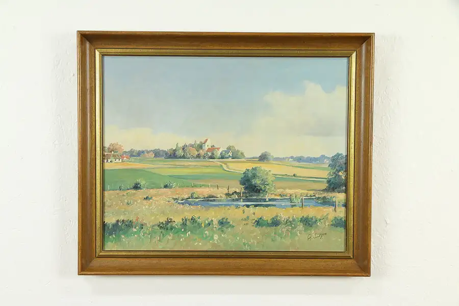 Main image of Village Church & Fields, Vintage Original Oil Painting, Signed Lutzen