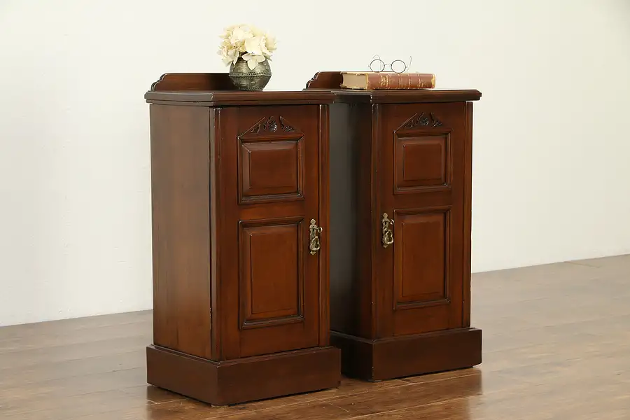 Main image of Pair of English Antique Carved Walnut Nightstands or End Tables