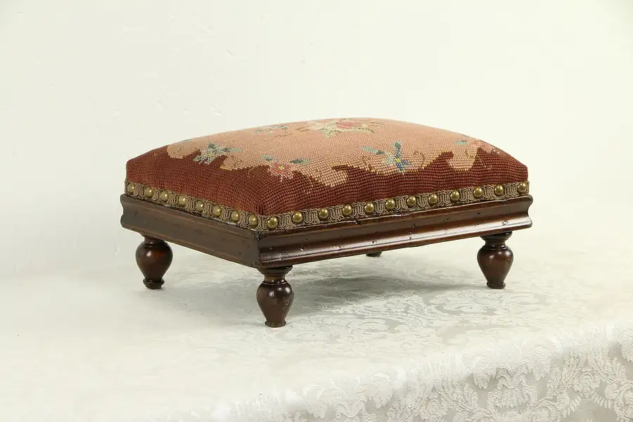 Main image of Victorian Antique 1850 Maple Footstool, Needlepoint Upholstery