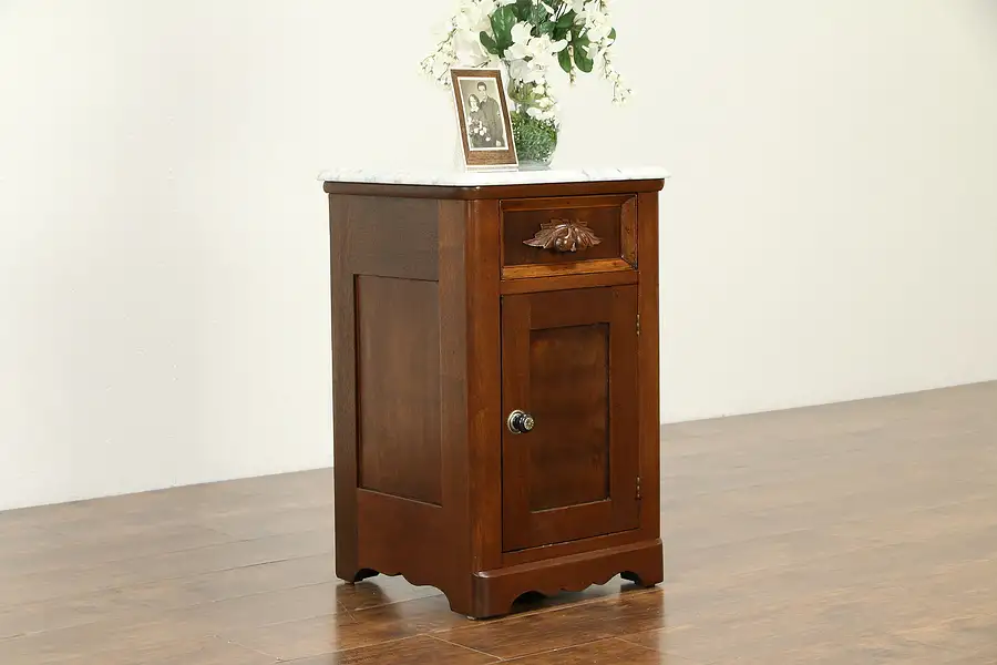 Main image of Victorian Antique Walnut Nightstand, End Table or Pedestal, Marble Top