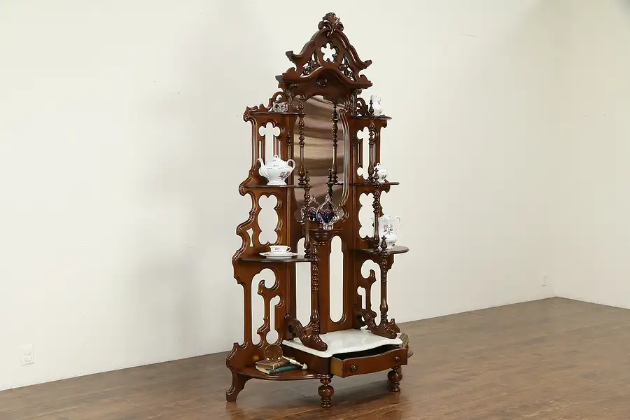 Main image of Victorian Antique Walnut Etagere Curio Display Cabinet, Marble Base