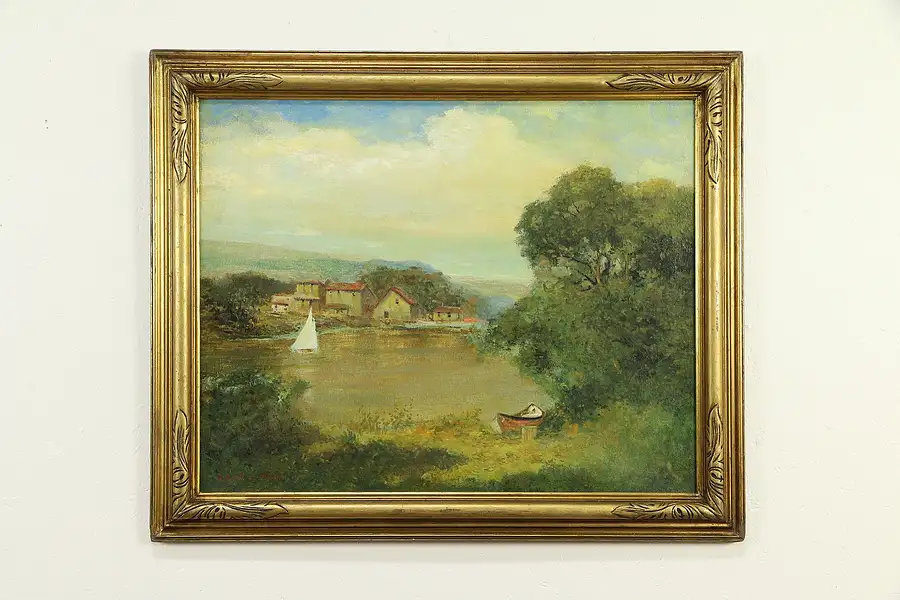 Main image of Lake & Sailboat Original Antique Oil Painting, Signed Richard Wilson