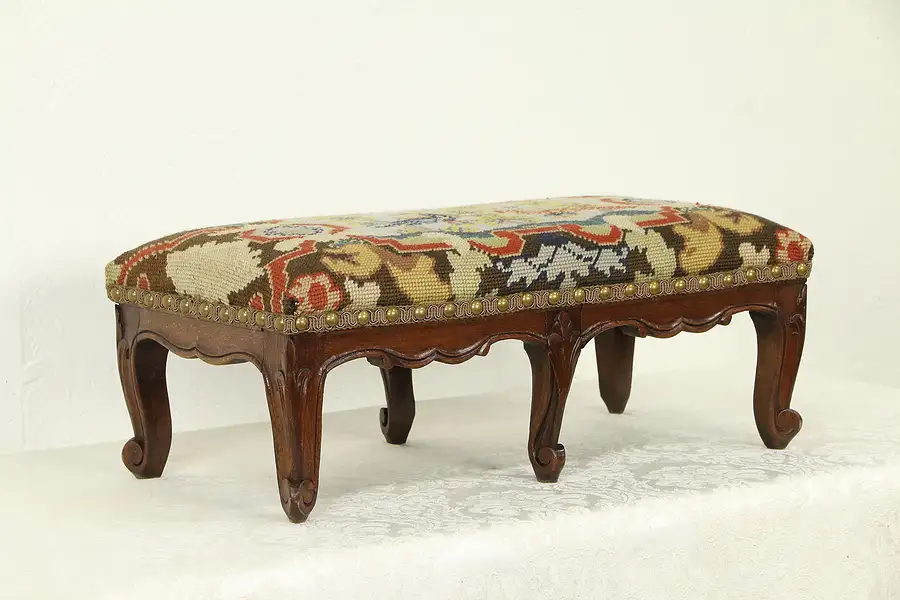 Main image of Country French Antique Carved Footstool, Needlepoint Upholstery