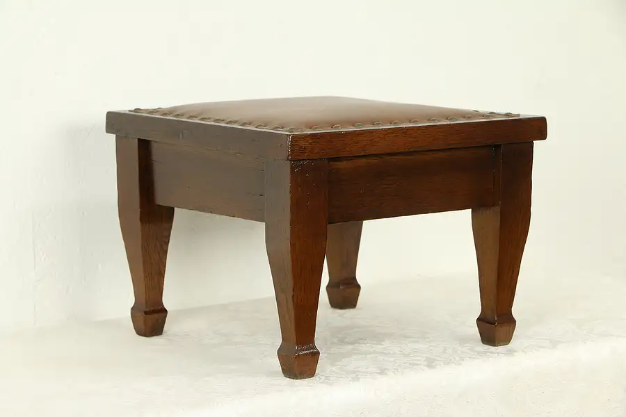 Main image of Craftsman Oak Antique Footstool, New Leather Upholstery, Brass Nailheads