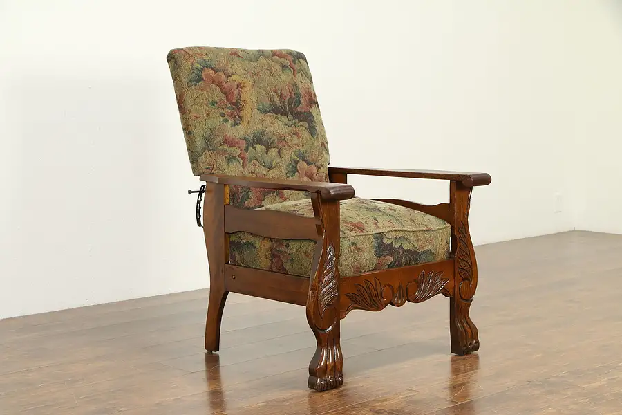 Main image of Oak Antique 1900 Morris Recliner Chair, Lion Paw Feet, Recent Upholstery