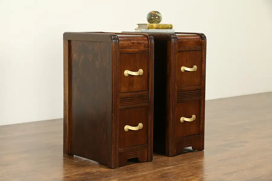 Main image of Pair of Art Deco Waterfall Design 1930's Vintage Nightstands, End Tables