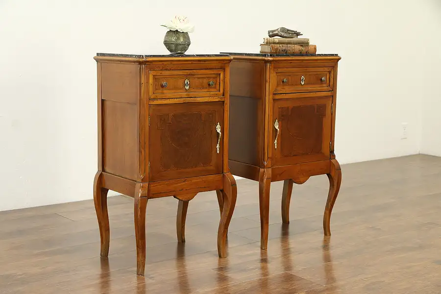 Main image of Pair of Italian Antique Nightstands or End Tables, Black Marble Tops