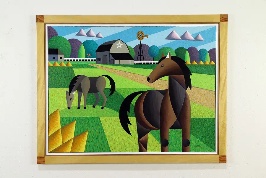 Main image of Horse Farm Original Acrylic Painting, Custom Exotic Frame, Bruce Bodden